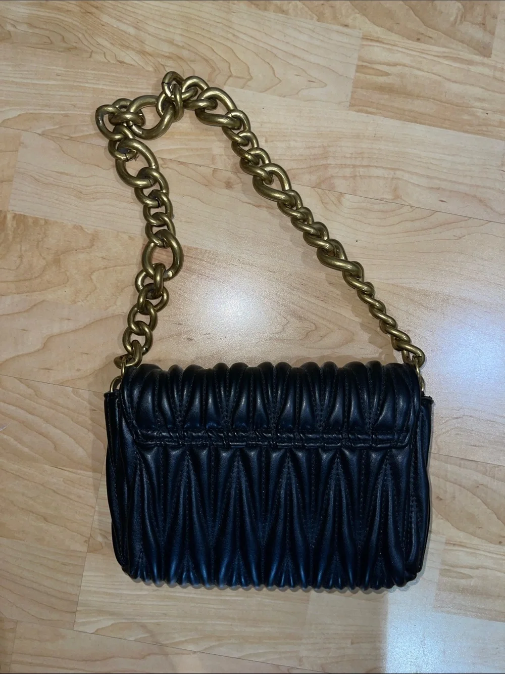 Montana West Black Quilted Leather Shoulder Bag with Gold Chain